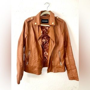 GUESS Womens brown leather jacket with floral interior
